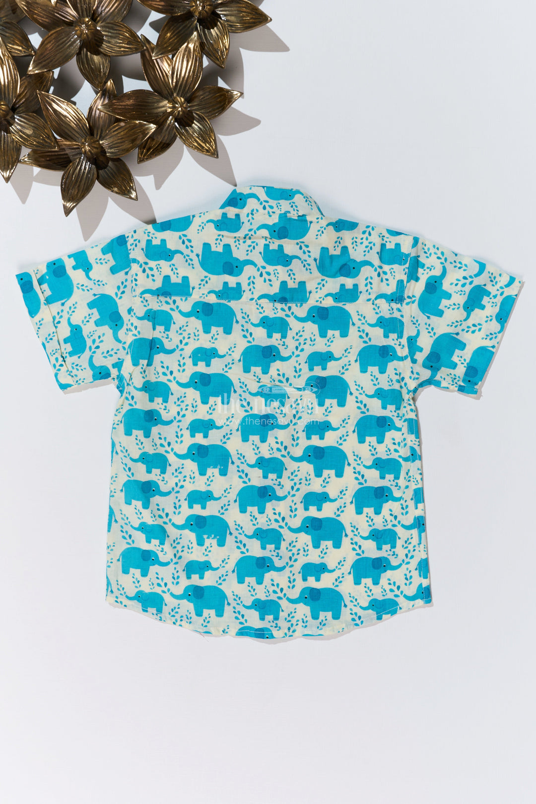 The Nesavu Boys Cotton Shirt Boys Blue Shirt Half Sleeve in Cotton Block Print with Adorable Elephant Motif Nesavu Nesavu Boys Blue Shirt Half Sleeve Cotton Block Print Elephant Design