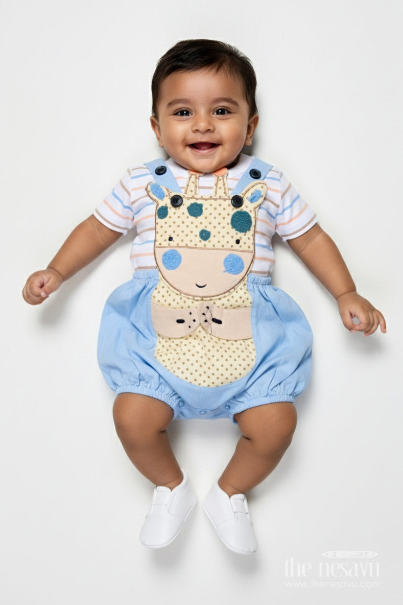 The Nesavu Boys Casual Set Boys Blue Shorts and Shirt Set with Giraffe Embellishment and Striped Tee for Everyday Fun Nesavu 14 (6M) / Blue BCS288A-14 Nesavu Boys Blue Shorts Shirt Set Giraffe Patch Cotton Striped Tee Playtime Comfort