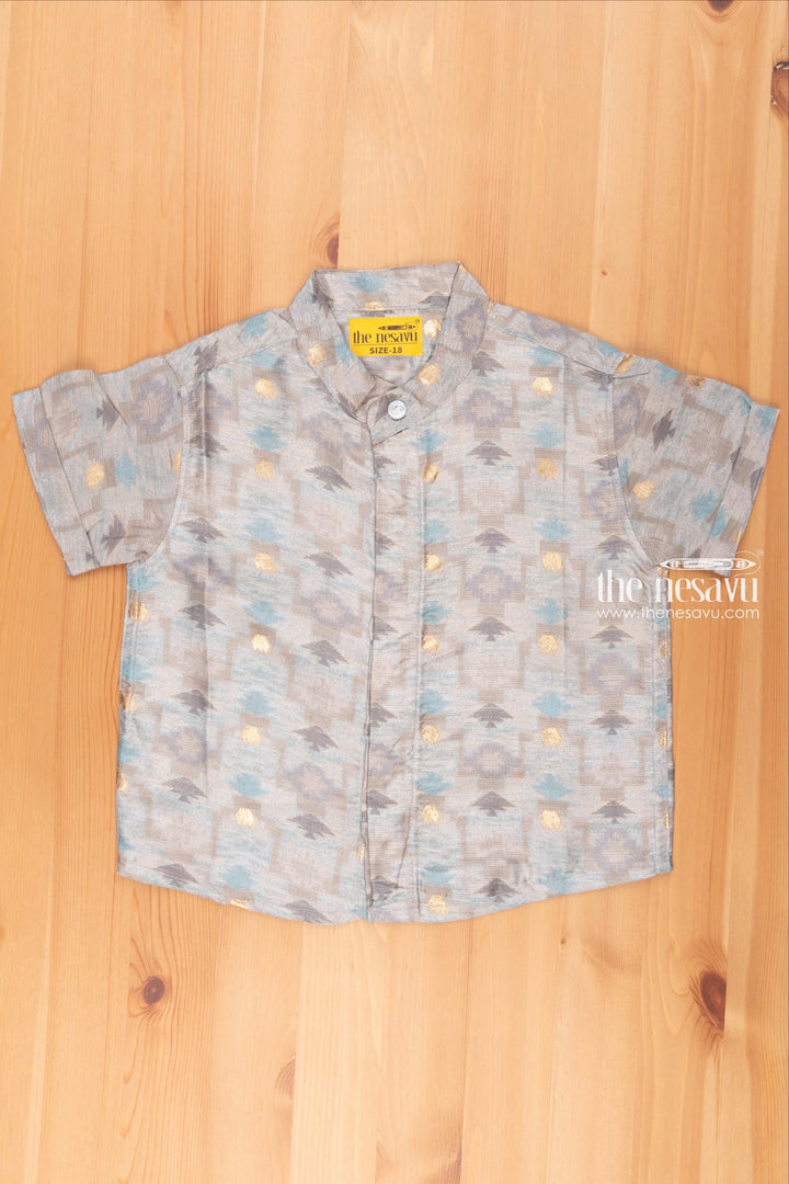 The Nesavu Boys Silk Shirt Boys Blue Silk Shirt with Contemporary Geometric Print Nesavu 16 (1Y) / Blue / Silk Blend BS090B-16 Best Newborn Clothes Online | Baby Designer Frock | the Nesavu
