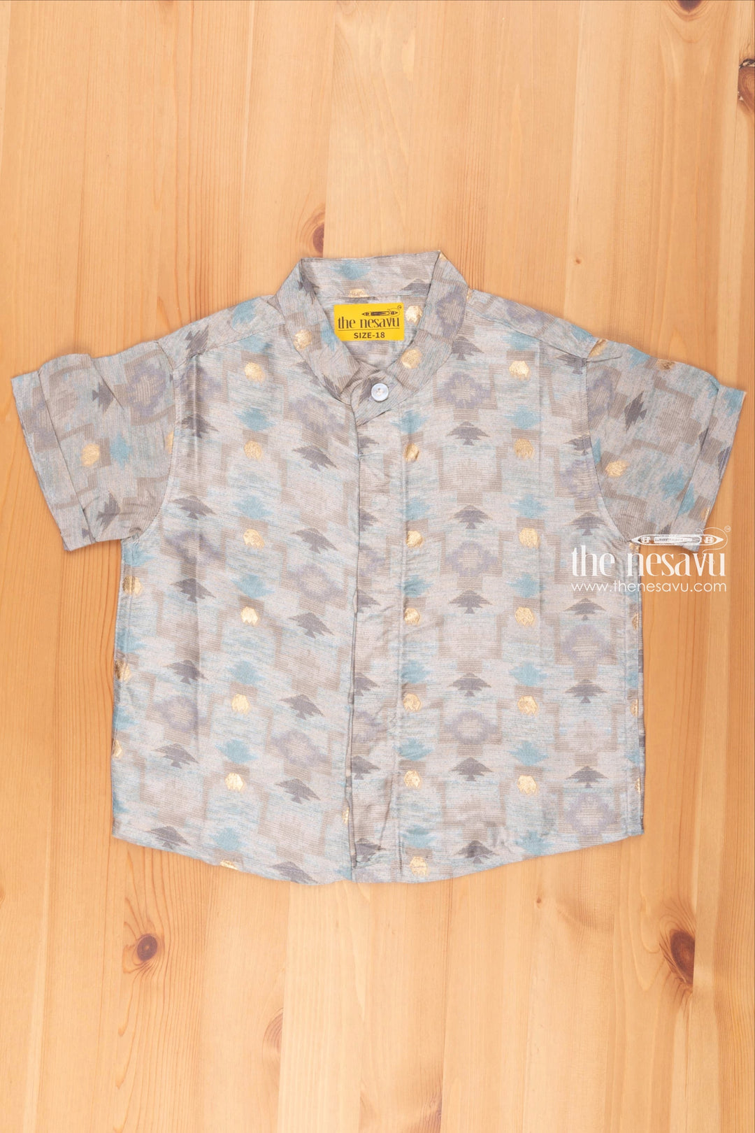 The Nesavu Boys Silk Shirt Boys Blue Silk Shirt with Contemporary Geometric Print Nesavu 16 (1Y) / Blue / Silk Blend BS090B-16 Best Newborn Clothes Online | Baby Designer Frock | the Nesavu