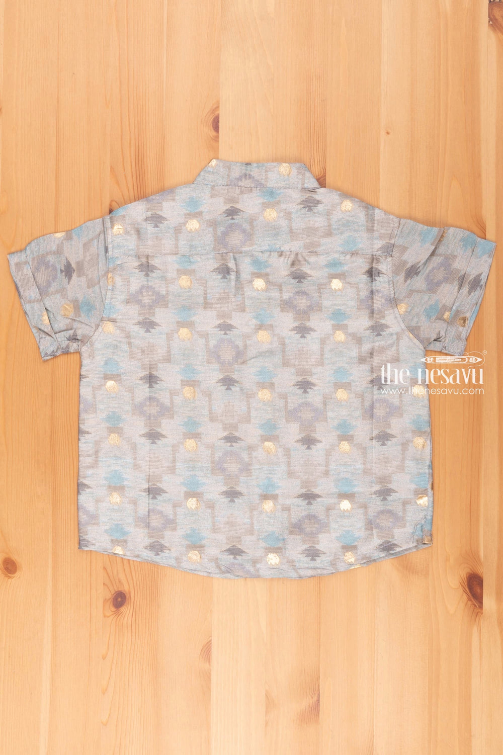 The Nesavu Boys Silk Shirt Boys Blue Silk Shirt with Contemporary Geometric Print Nesavu Best Newborn Clothes Online | Baby Designer Frock | the Nesavu