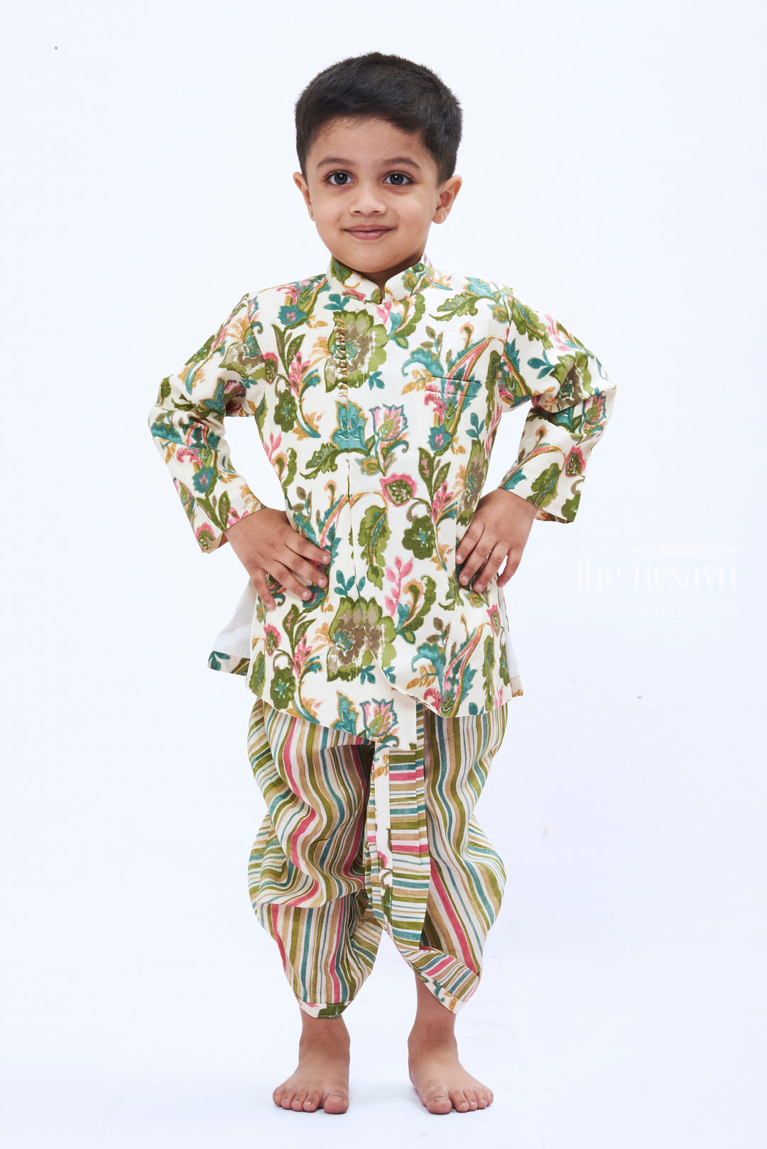 The Nesavu Boys Dothi Set Boys Botanical Print Kurta with Striped Dothi Set Nesavu 12 (3M) / Green / Cotton BES482A-12 Boys Botanical Kurta Set | Whimsical Floral and Stripe Design | Kids Festive Fashion | The Nesavu