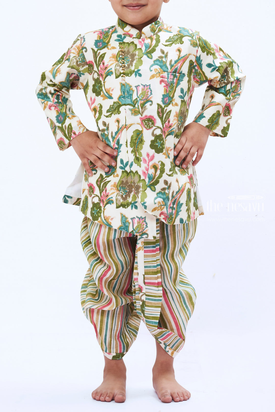 The Nesavu Boys Dothi Set Boys Botanical Print Kurta with Striped Dothi Set Nesavu Boys Botanical Kurta Set | Whimsical Floral and Stripe Design | Kids Festive Fashion | The Nesavu