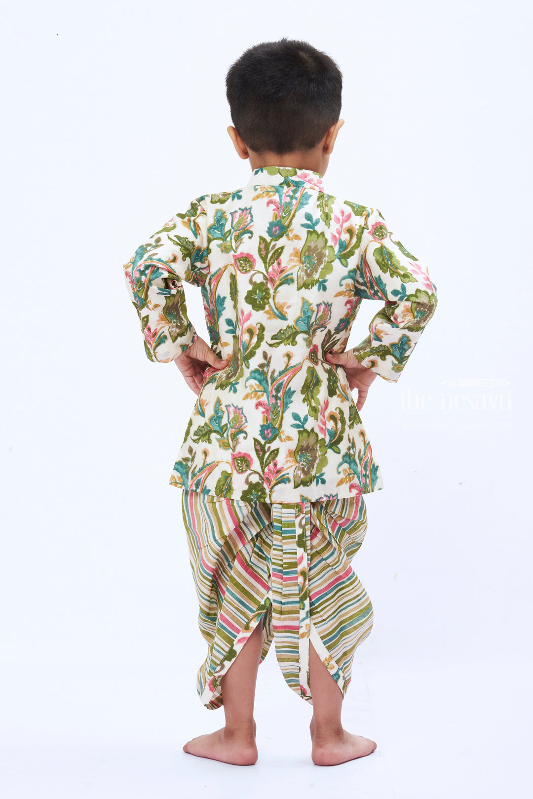 The Nesavu Boys Dothi Set Boys Botanical Print Kurta with Striped Dothi Set Nesavu Boys Botanical Kurta Set | Whimsical Floral and Stripe Design | Kids Festive Fashion | The Nesavu