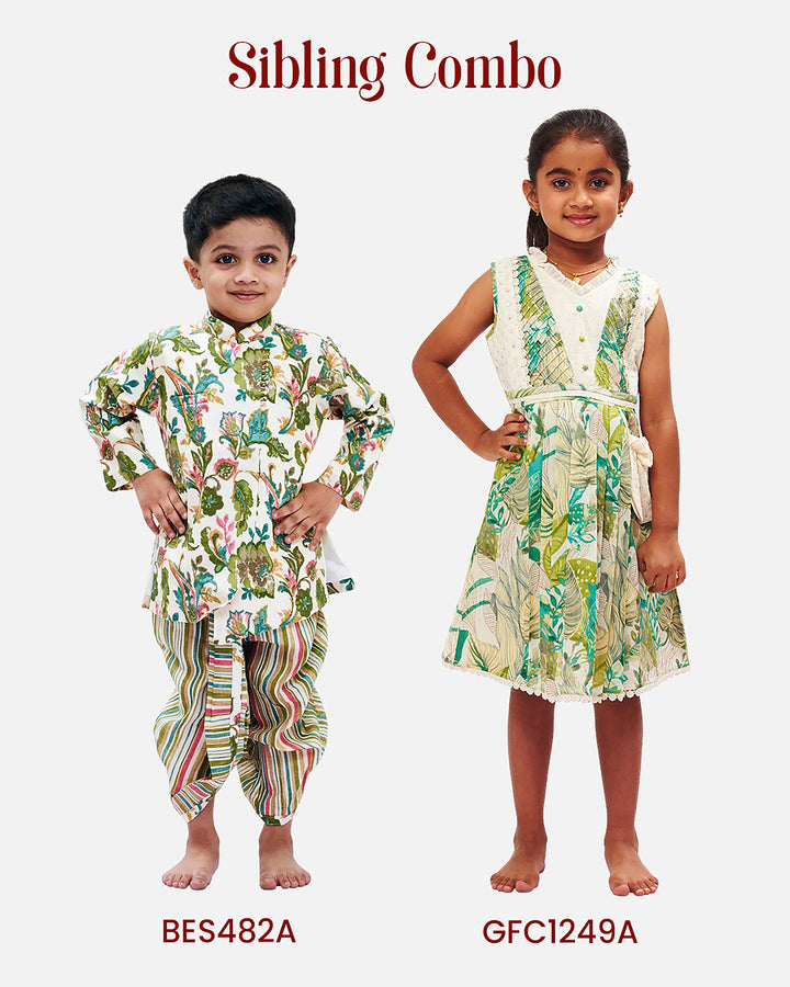 The Nesavu Boys Dothi Set Boys Botanical Print Kurta with Striped Dothi Set Nesavu Boys Botanical Kurta Set | Whimsical Floral and Stripe Design | Kids Festive Fashion | The Nesavu