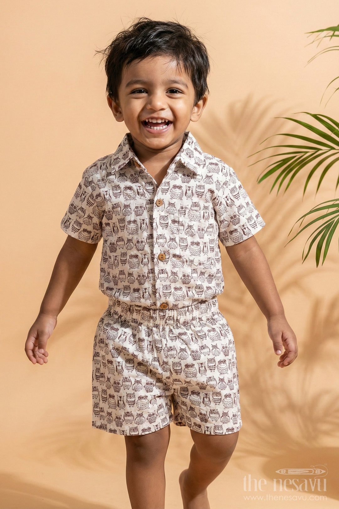 The Nesavu Boys Casual Set Boys Brown Shirt and Shorts Set in Cotton with Owl Digital Print for Smart Casual Styling Nesavu 16 (1Y) / Brown BCS265A-16 Nesavu Boys Brown Shirt Shorts Set Cotton Whimsical Owl Digital Print
