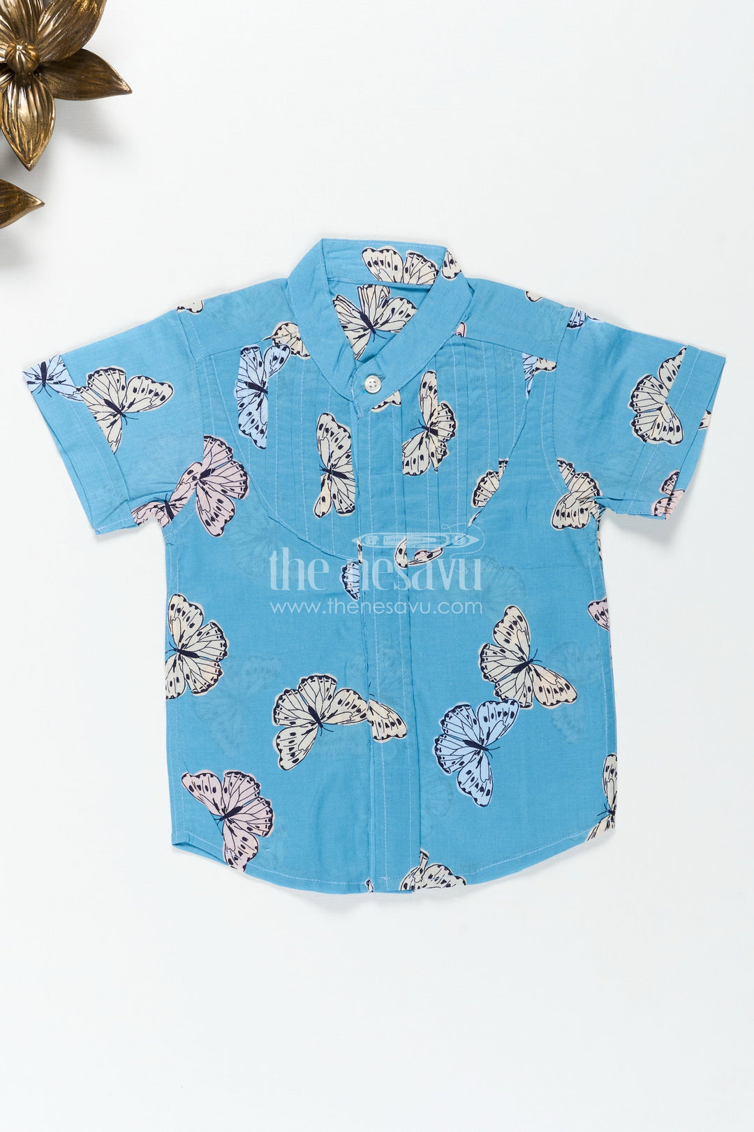 The Nesavu Boys Cotton Shirt Boys Butterfly Print Summer Cotton Shirt in Soft Blue Nature Theme Design Nesavu 16 (1Y) / Blue BS278A-16 Nesavu Boys Cotton Summer Shirt Butterfly Print Soft Blue a Cool Nature Inspired Look