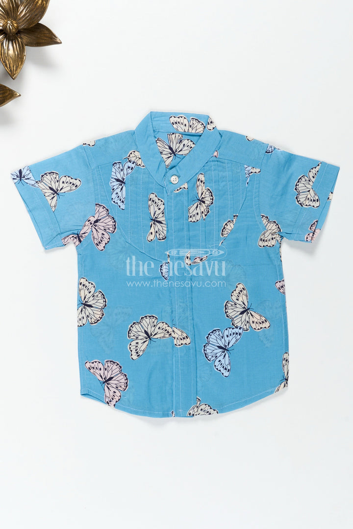 The Nesavu Boys Cotton Shirt Boys Butterfly Print Summer Cotton Shirt in Soft Blue Nature Theme Design Nesavu 16 (1Y) / Blue BS278A-16 Nesavu Boys Cotton Summer Shirt Butterfly Print Soft Blue a Cool Nature Inspired Look