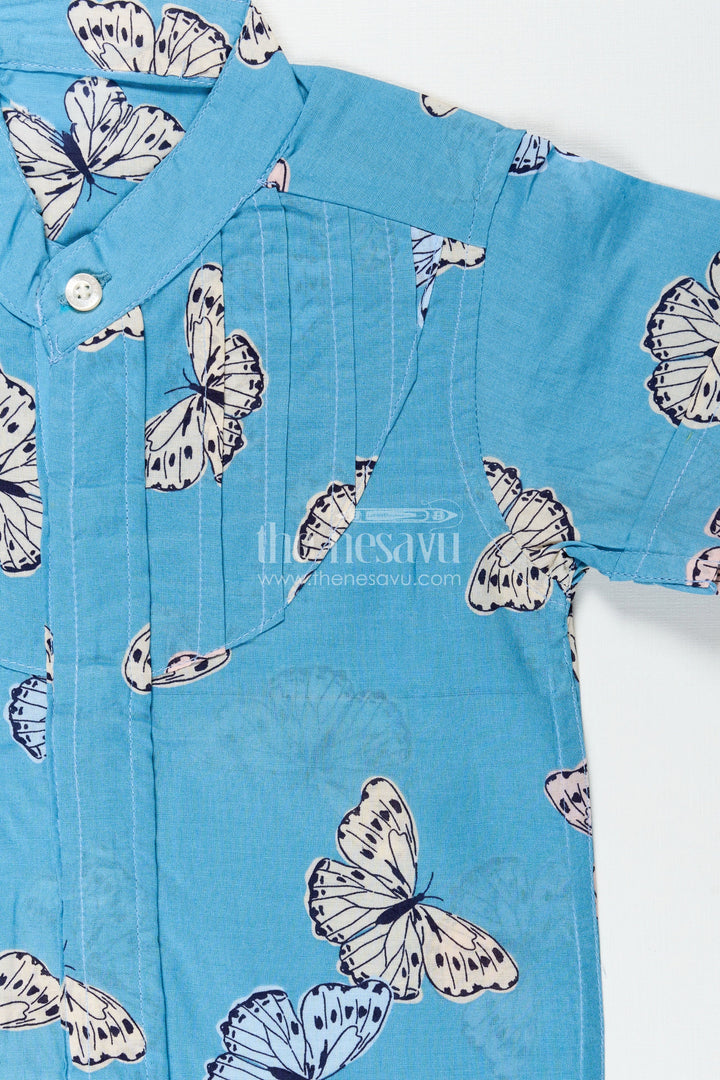 The Nesavu Boys Cotton Shirt Boys Butterfly Print Summer Cotton Shirt in Soft Blue Nature Theme Design Nesavu Nesavu Boys Cotton Summer Shirt Butterfly Print Soft Blue a Cool Nature Inspired Look