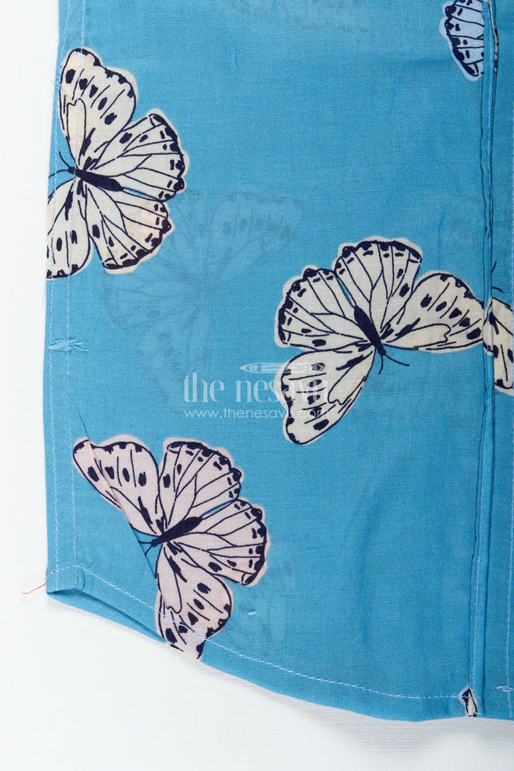 The Nesavu Boys Cotton Shirt Boys Butterfly Print Summer Cotton Shirt in Soft Blue Nature Theme Design Nesavu Nesavu Boys Cotton Summer Shirt Butterfly Print Soft Blue a Cool Nature Inspired Look