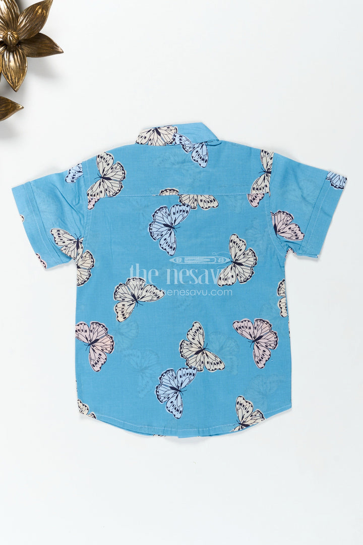 The Nesavu Boys Cotton Shirt Boys Butterfly Print Summer Cotton Shirt in Soft Blue Nature Theme Design Nesavu Nesavu Boys Cotton Summer Shirt Butterfly Print Soft Blue a Cool Nature Inspired Look