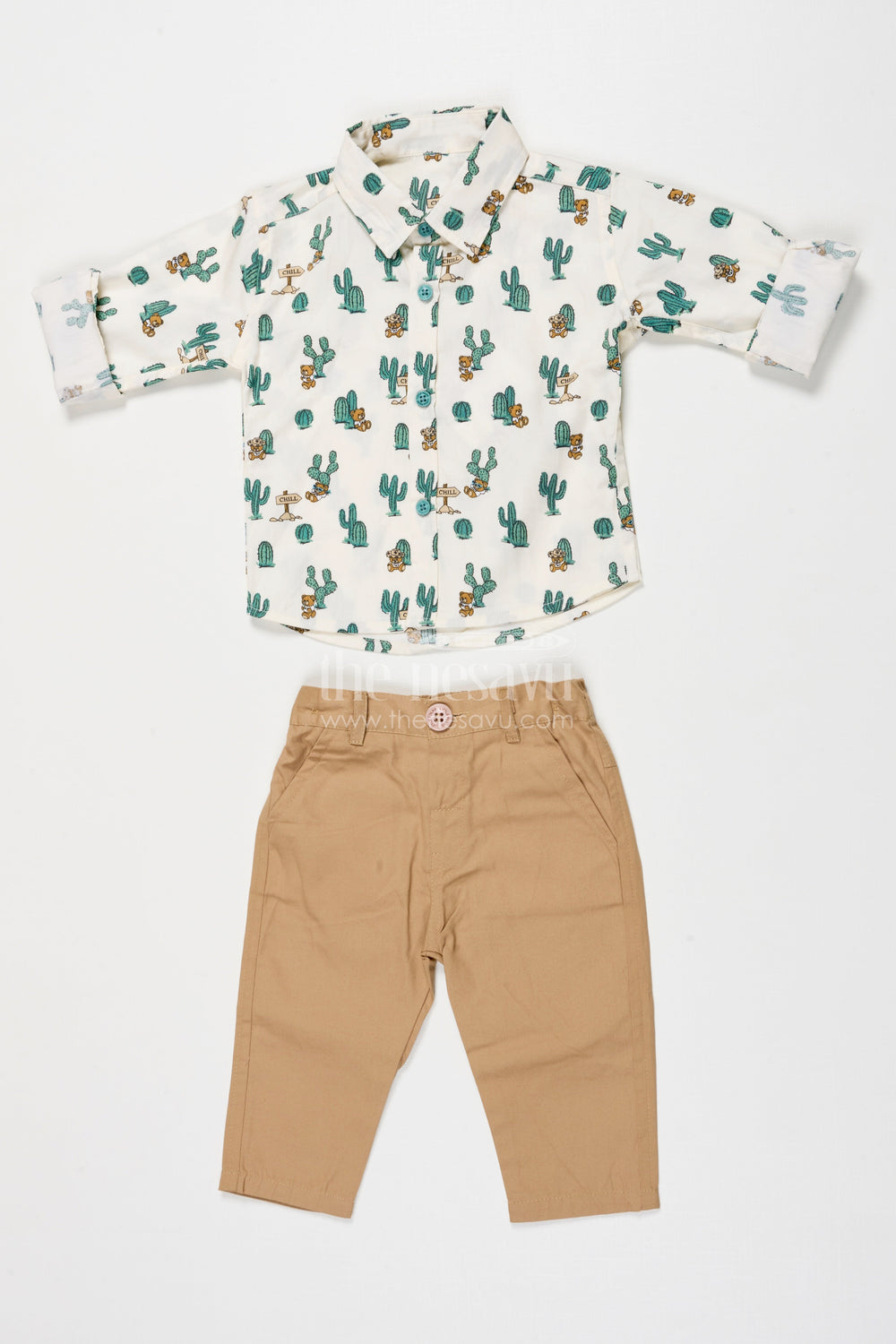 The Nesavu Boys Casual Set Boys Cactus Print Shirt with Beige Pants – Casual Cotton Set Nesavu 12 (3M) / Green BCS543B-12 Nesavu boys cotton casual set with cactus print shirt and beige pants