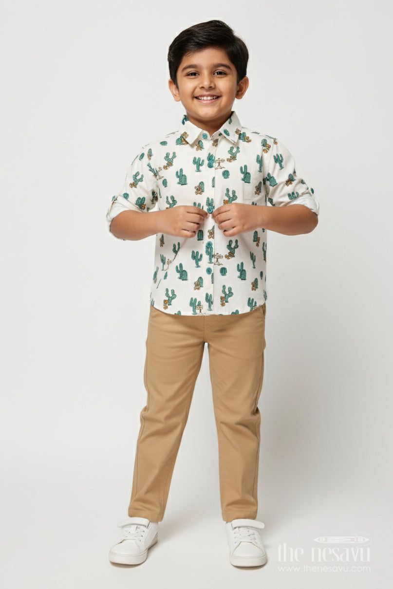 The Nesavu Boys Casual Set Boys Cactus Print Shirt with Beige Pants – Casual Cotton Set Nesavu 12 (3M) / Green BCS543B-12 Nesavu boys cotton casual set with cactus print shirt and beige pants