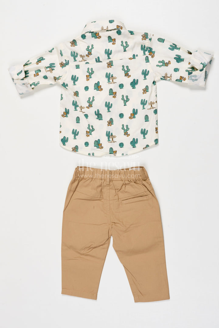 The Nesavu Boys Casual Set Boys Cactus Print Shirt with Beige Pants – Casual Cotton Set Nesavu Nesavu boys cotton casual set with cactus print shirt and beige pants