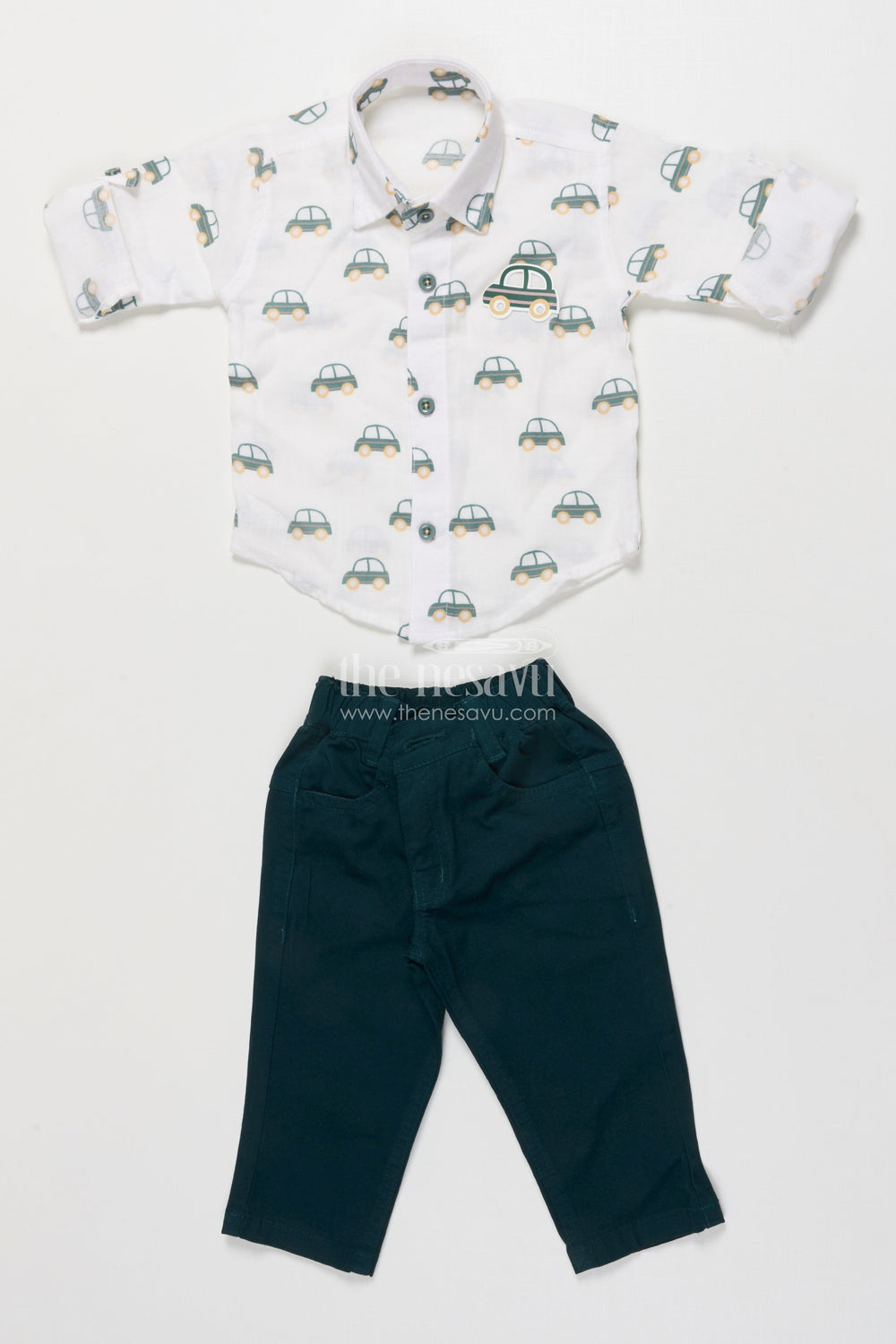 The Nesavu Boys Casual Set Boys Car Print Cotton Shirt and Pants Set for Everyday Play Nesavu 14 (6M) / Green BCS491A-14 Nesavu boys car print cotton casual set  fun jungle-themed shirt pants