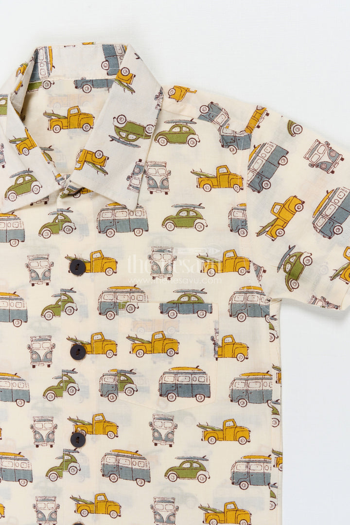 The Nesavu Boys Cotton Shirt Boys Car Print Shirt for Everyday Wear and Travel Days Nesavu Nesavu boys cotton shirt with vintage car print for casual wear, travel and everyday adventures