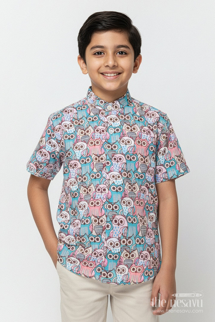 The Nesavu Boys Linen Shirt Boys Cartoon Owl Print Linen Shirt for School and Weekend Wear Nesavu 16 (1Y) / Multicolor BS372A-16 Nesavu boys owl print linen shirt school casuals fun outings birthday get-togethers