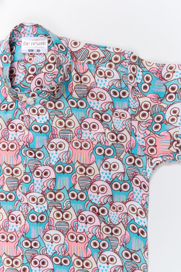 The Nesavu Boys Linen Shirt Boys Cartoon Owl Print Linen Shirt for School and Weekend Wear Nesavu Nesavu boys owl print linen shirt school casuals fun outings birthday get-togethers