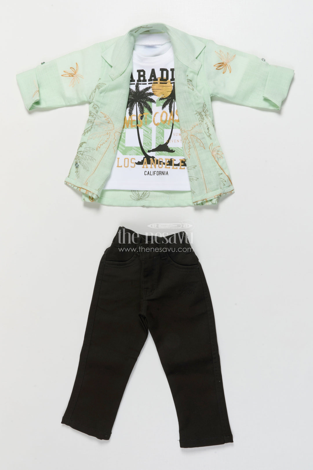 The Nesavu Boys Casual Set Boys Casual Blazer Set for Outings and Everyday Dressing Nesavu Nesavu boys cotton casual blazer set embroidered palm shirt inner tee combo