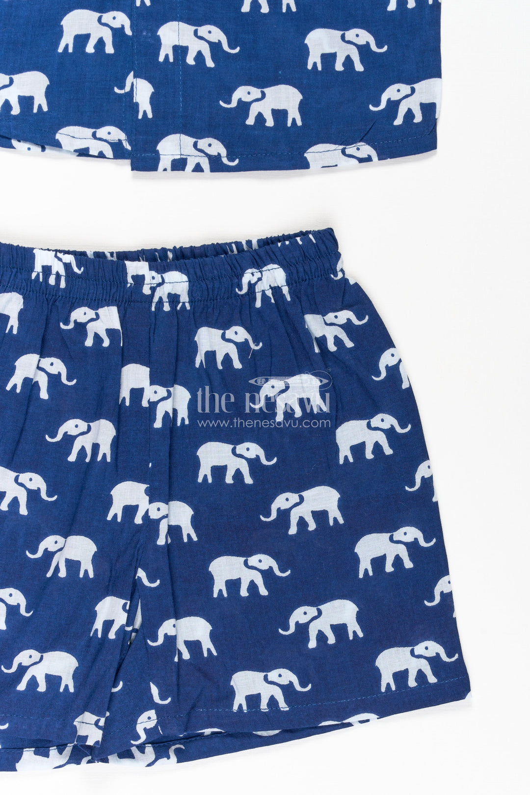 The Nesavu Boys Casual Set Boys Casual Blue Outfit in Cotton with White Elephant Digital Print and Matching Shorts Nesavu Nesavu Boys Casual Blue Outfit Cotton White Elephant Print Shirt Shorts