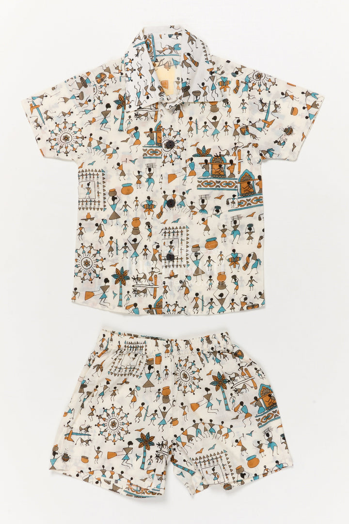 The Nesavu Boys Casual Set Boys Casual Cotton Set with Folk Art Print for Daily Fun Nesavu 16 (1Y) / Multicolor BCS548A-16 Nesavu boys cotton casual wear set with Indian folk art print – breathable and unique daily outfit