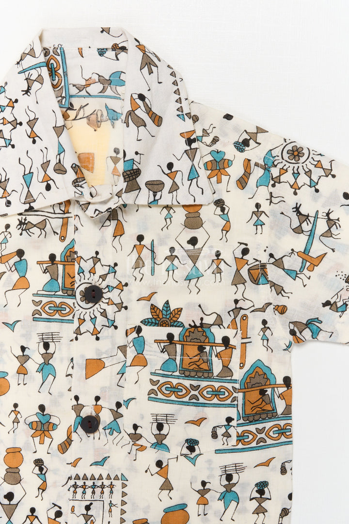 The Nesavu Boys Casual Set Boys Casual Cotton Set with Folk Art Print for Daily Fun Nesavu Nesavu boys cotton casual wear set with Indian folk art print – breathable and unique daily outfit