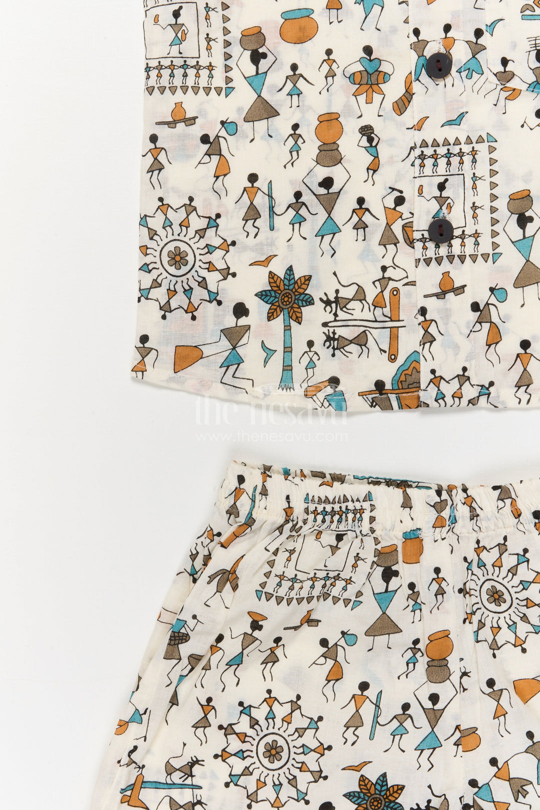 The Nesavu Boys Casual Set Boys Casual Cotton Set with Folk Art Print for Daily Fun Nesavu Nesavu boys cotton casual wear set with Indian folk art print – breathable and unique daily outfit
