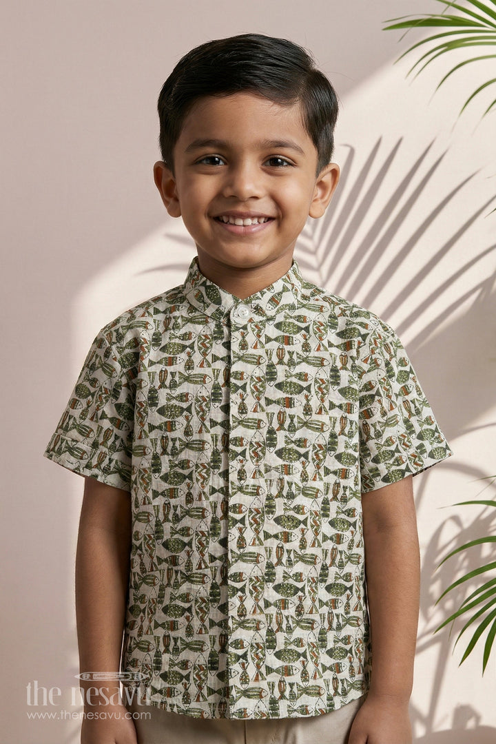 The Nesavu Boys Cotton Shirt Boys Casual Cotton Shirts in Block Print with Classic Fish Motif for Everyday Wear Nesavu 16 (1Y) / Gray BS244A-16 Boys Casual Cotton Shirt Block Print Fish Motif Everyday Comfort | The Nesavu