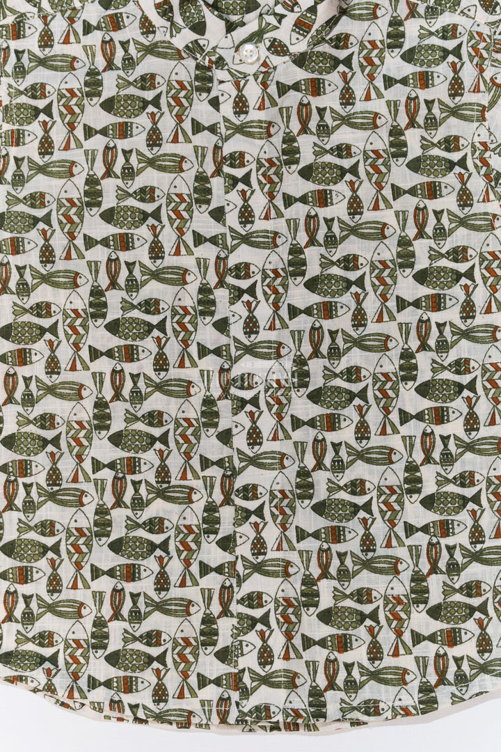 The Nesavu Boys Cotton Shirt Boys Casual Cotton Shirts in Block Print with Classic Fish Motif for Everyday Wear Nesavu Nesavu Boys Casual Cotton Shirt Block Print Fish Motif Everyday Comfort