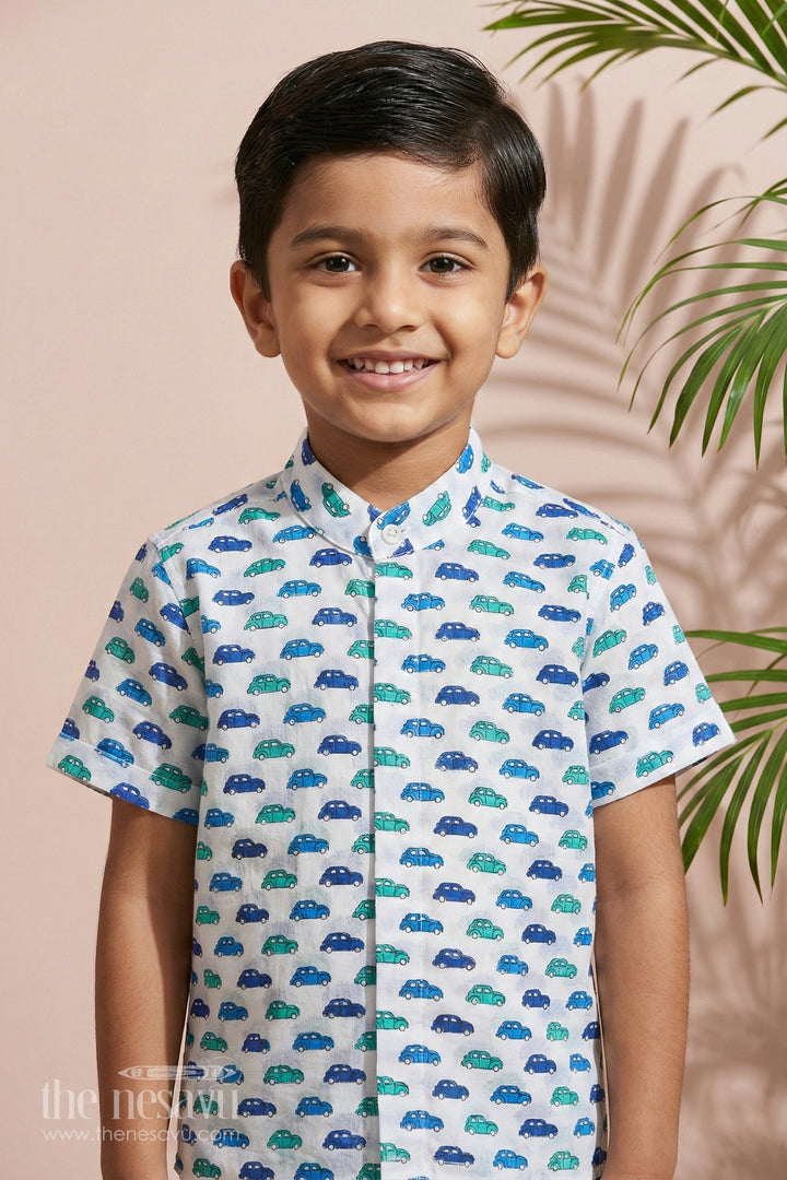 The Nesavu Boys Cotton Shirt Boys Casual Cotton Shirts in Soft Cotton Block Print with Fun Car Motif Nesavu 16 (1Y) / Blue BS248A-16 Boys Casual Cotton Shirt Soft Cotton Block Print Car Motif | The Nesavu