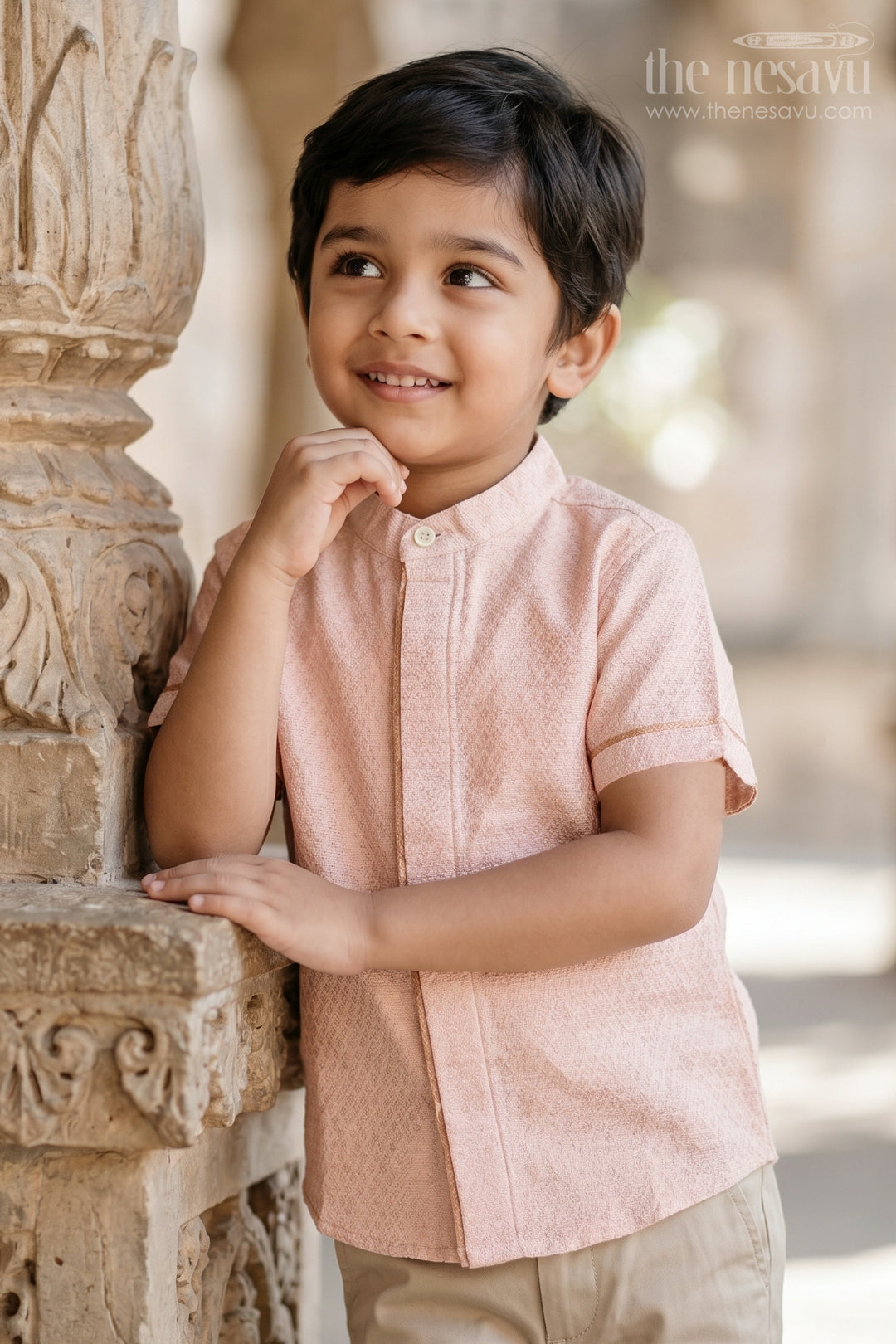 The Nesavu Boys Cotton Shirt Boys Casual Festive Shirt for Family Visits Nesavu 16 (1Y) / Pink / Cotton BS509B-16 Nesavu Boys Casual Festive Shirt For Family Visits With Cotton Comfort And Mandarin Collar BS509B-16