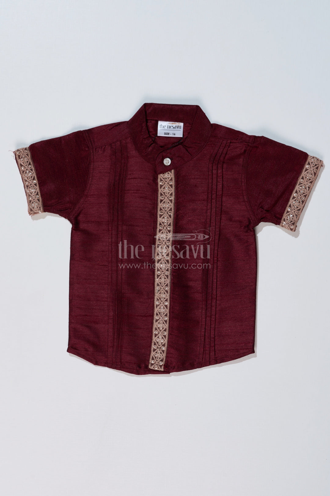 The Nesavu Boys Silk Shirt Boys Casual Half Shirt with Silk Blend Fabric and Elegant Embroidery for a Stylish Traditional Look Nesavu 16 (1Y) / Magenta BS228A-16 Nesavu Boys Casual Half Shirt Silk Blend Fabric Elegant Embroidery Traditional Wear