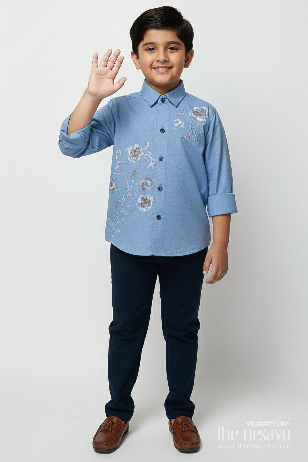 The Nesavu Boys Casual Set Boys Casual Kurta Set for Festive School Events and Gatherings Nesavu 20 (3Y) / Blue BCS496D-20 Nesavu boys cotton kurta set embroidery school ethnic day casual festivities