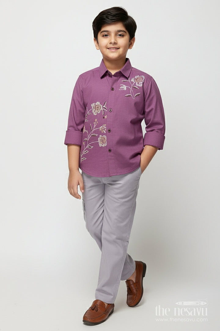The Nesavu Boys Casual Set Boys Casual Kurta Set for Traditional Events and Outings Nesavu 20 (3Y) / Purple BCS496B-20 Nesavu boys casual ethnic kurta set thread embroidery school festive use