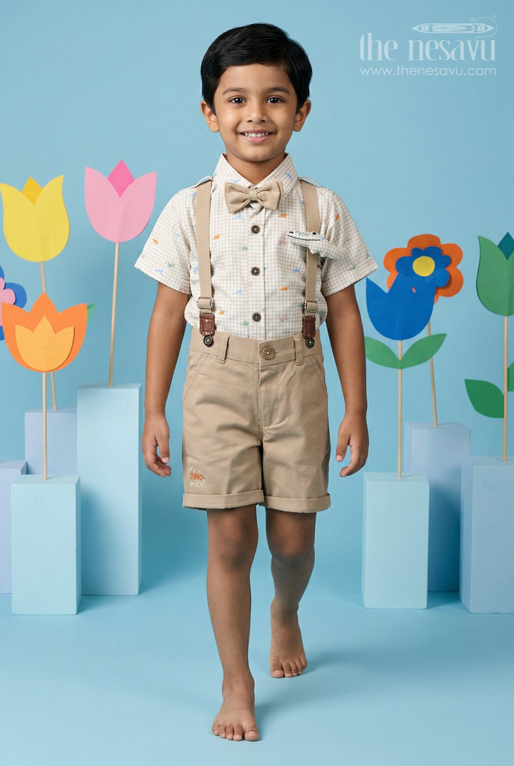 The Nesavu Boys Casual Set Boys Casual Outfit Set for Outings and Everyday Smart Wear Nesavu 16 (1Y) / Brown / Cotton BCS593B-16 Nesavu Boys Casual Outfit Set With Suspenders And Bow Tie In Cotton Checked Design For Outings And Smart Wear