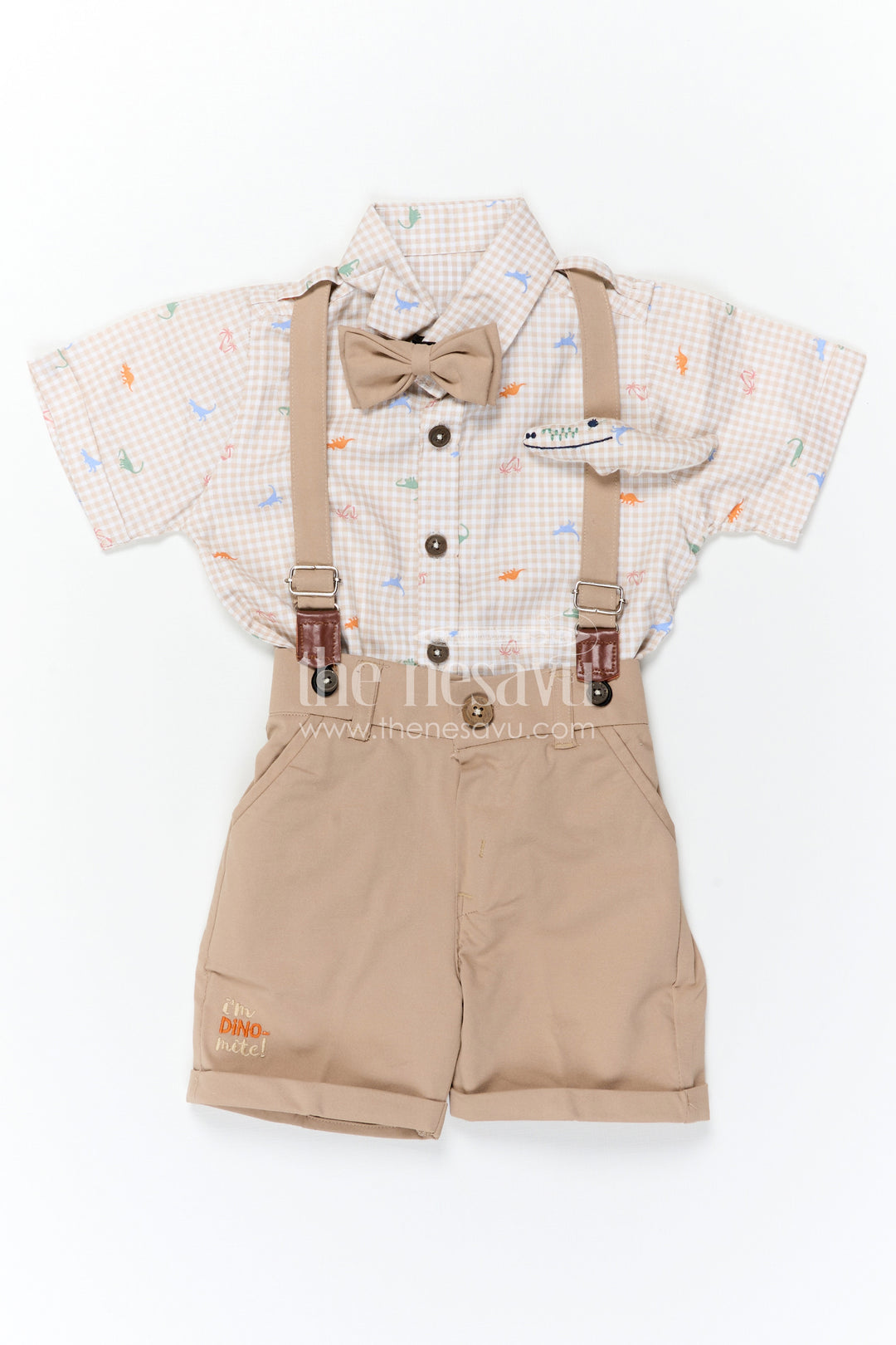 The Nesavu Boys Casual Set Boys Casual Outfit Set for Outings and Everyday Smart Wear Nesavu Nesavu Boys Casual Outfit Set With Suspenders And Bow Tie In Cotton Checked Design For Outings And Smart Wear