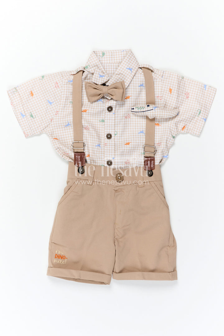 The Nesavu Boys Casual Set Boys Casual Outfit Set for Outings and Everyday Smart Wear Nesavu Nesavu Boys Casual Outfit Set With Suspenders And Bow Tie In Cotton Checked Design For Outings And Smart Wear