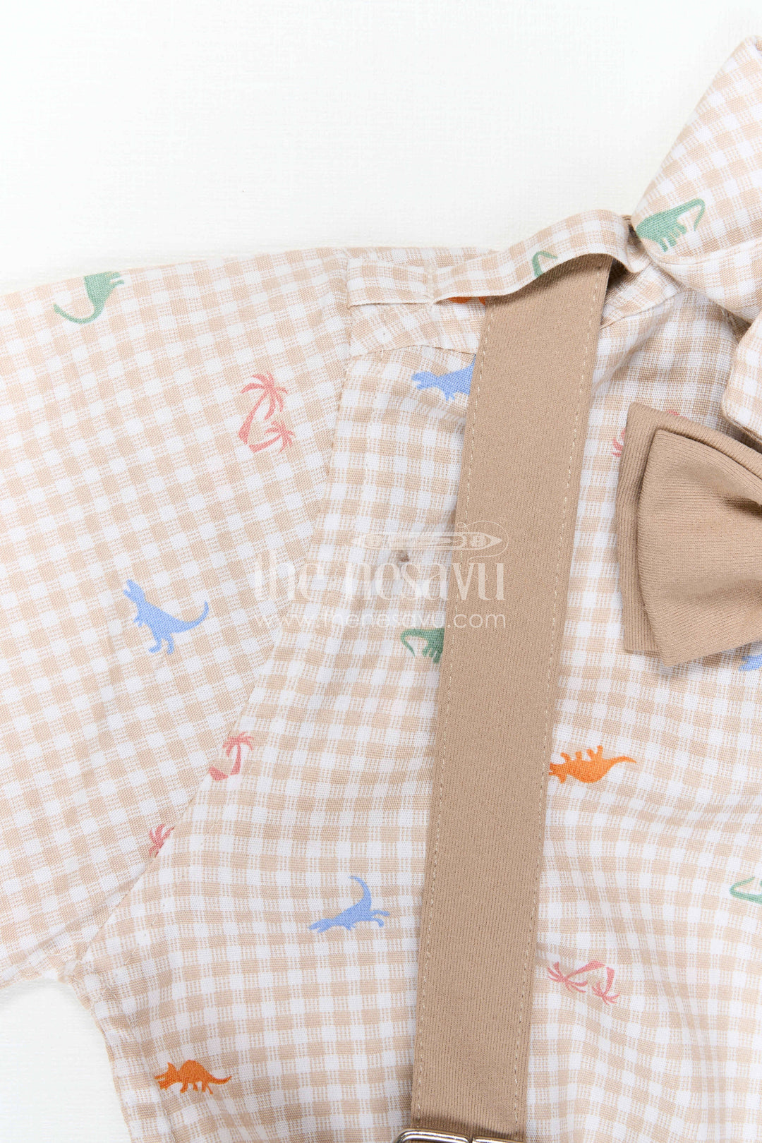 The Nesavu Boys Casual Set Boys Casual Outfit Set for Outings and Everyday Smart Wear Nesavu Nesavu Boys Casual Outfit Set With Suspenders And Bow Tie In Cotton Checked Design For Outings And Smart Wear