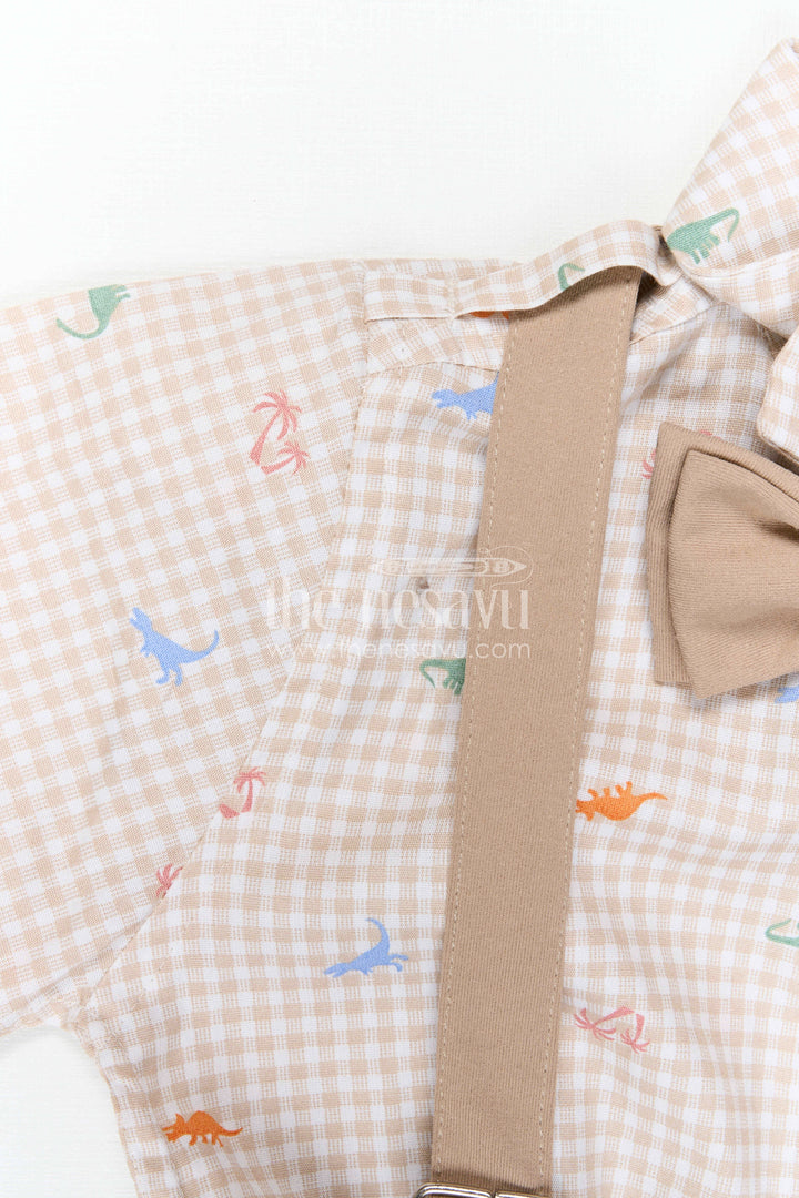 The Nesavu Boys Casual Set Boys Casual Outfit Set for Outings and Everyday Smart Wear Nesavu Nesavu Boys Casual Outfit Set With Suspenders And Bow Tie In Cotton Checked Design For Outings And Smart Wear