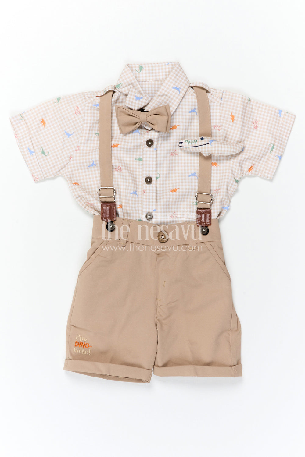 The Nesavu Boys Casual Set Boys Casual Outfit Set for Outings and Everyday Smart Wear Nesavu Nesavu Boys Casual Outfit Set With Suspenders And Bow Tie In Cotton Checked Design For Outings And Smart Wear