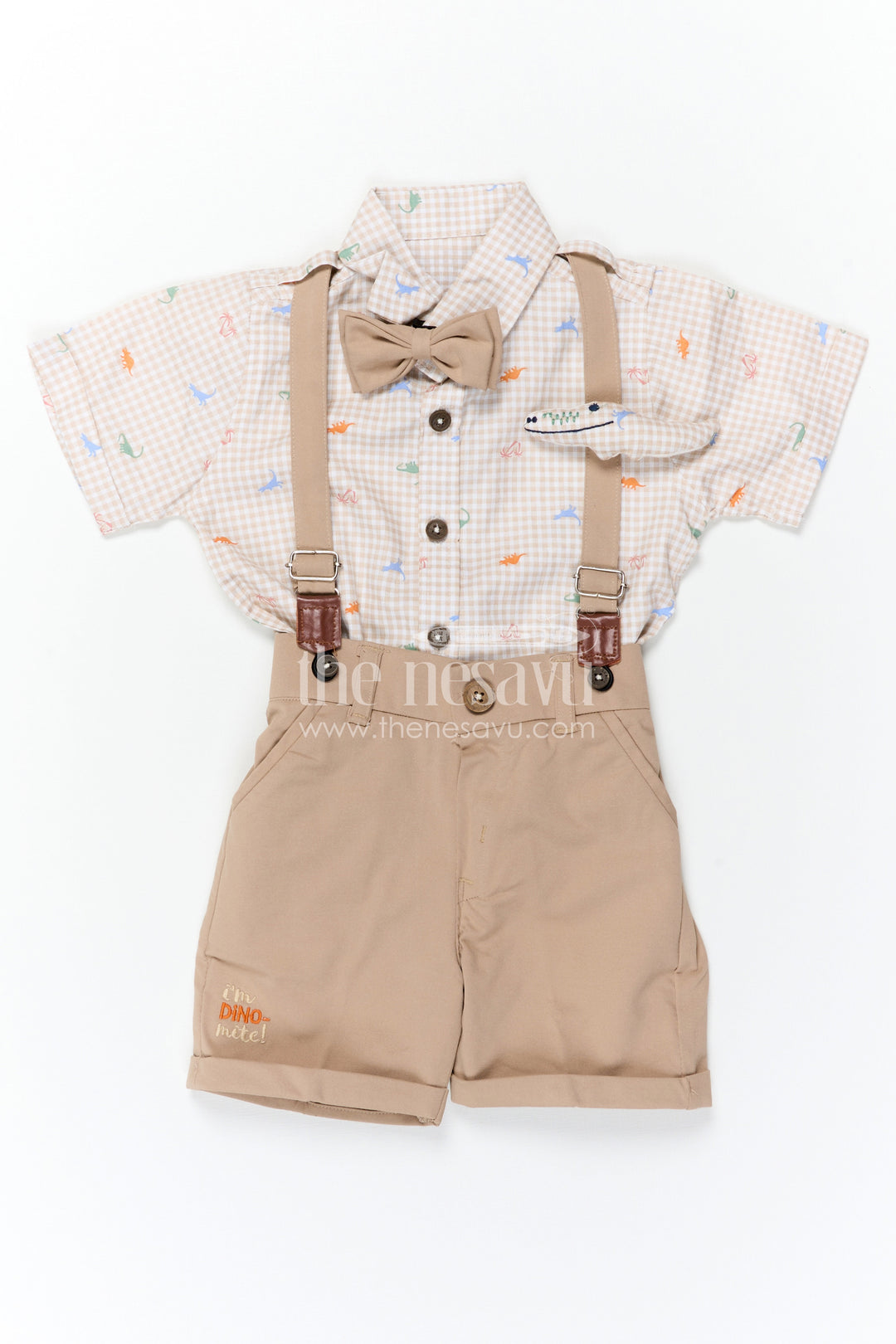 The Nesavu Boys Casual Set Boys Casual Outfit Set for Outings and Everyday Smart Wear Nesavu Nesavu Boys Casual Outfit Set With Suspenders And Bow Tie In Cotton Checked Design For Outings And Smart Wear