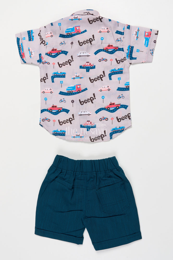 The Nesavu Boys Casual Set Boys Casual Outfit with Car Print for Playful Dressing and Holidays Nesavu 16 (1Y) / Beige BCS458A-16 Nesavu boys car print cotton set shorts holidays weekend play casual wear