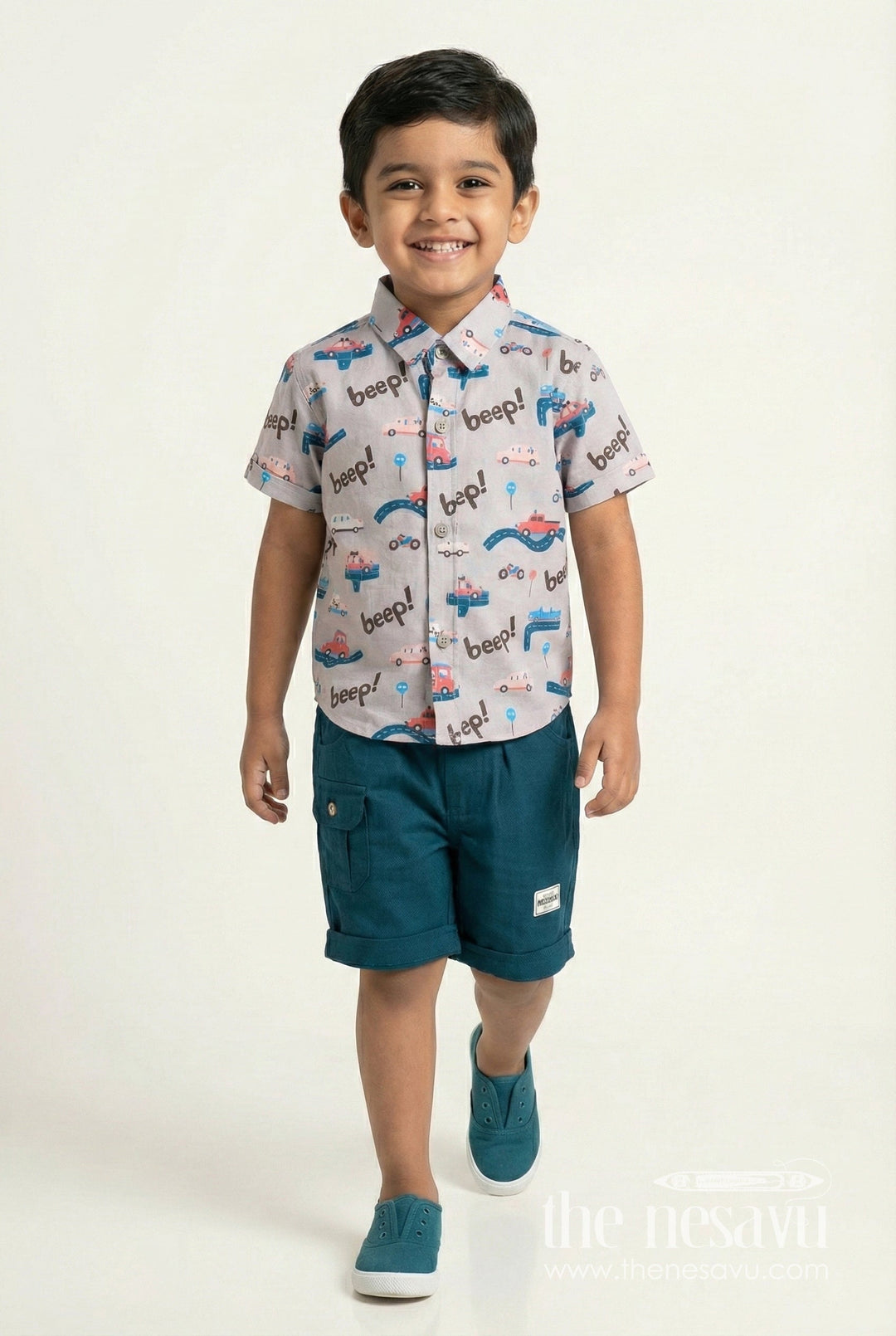 The Nesavu Boys Casual Set Boys Casual Outfit with Car Print for Playful Dressing and Holidays Nesavu 16 (1Y) / Beige BCS458A-16 Nesavu boys car print cotton set shorts holidays weekend play casual wear