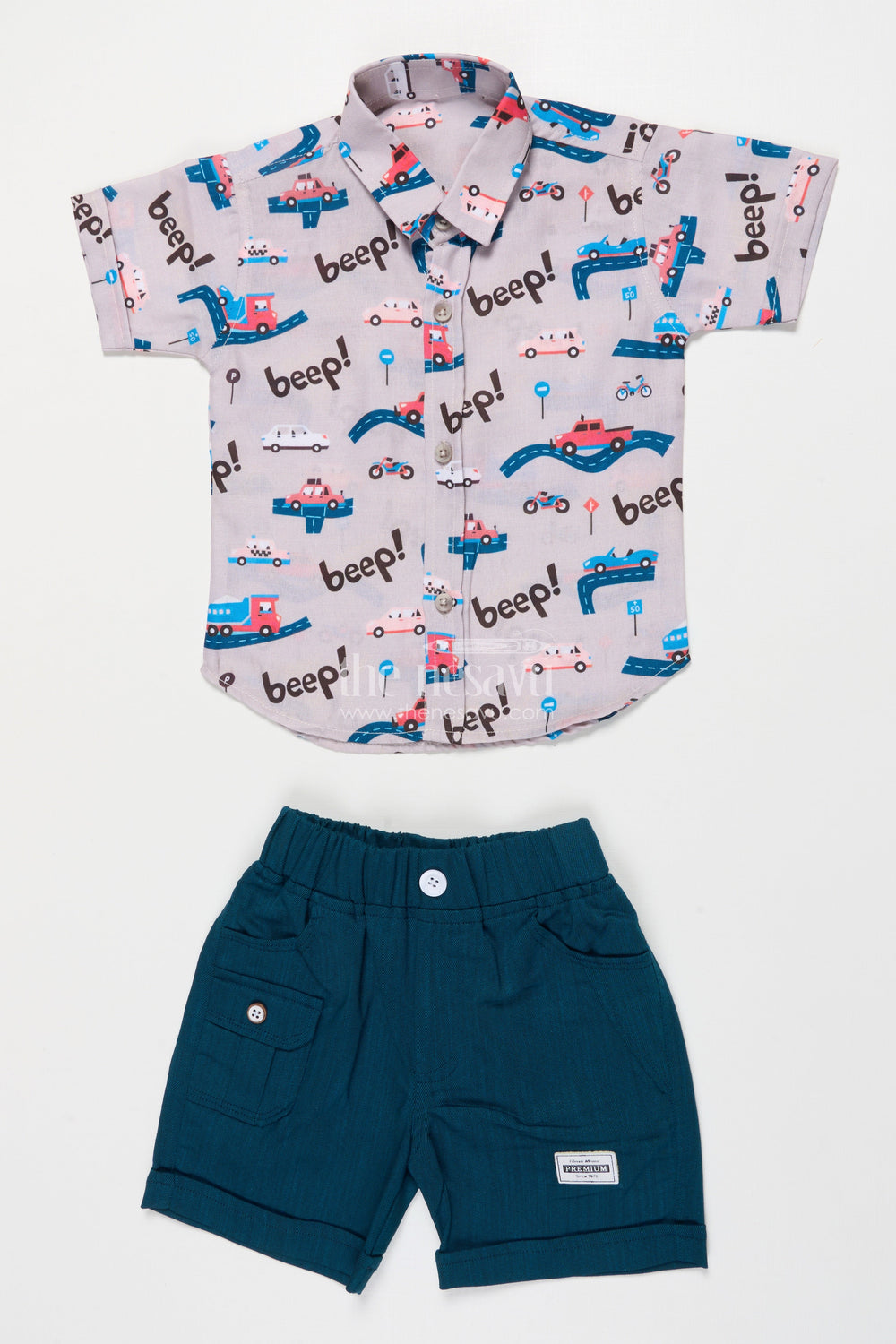 The Nesavu Boys Casual Set Boys Casual Outfit with Car Print for Playful Dressing and Holidays Nesavu Nesavu boys car print cotton set shorts holidays weekend play casual wear