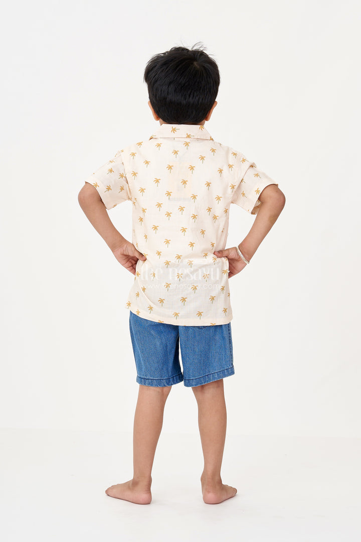 The Nesavu Boys Casual Set Boys Casual Pants and Jacket Set in Beige Cotton with Palm Tree Print and Denim Shorts Nesavu Nesavu Boys Beige Casual Pants Jacket Set Printed Shirt Tee Denim Shorts