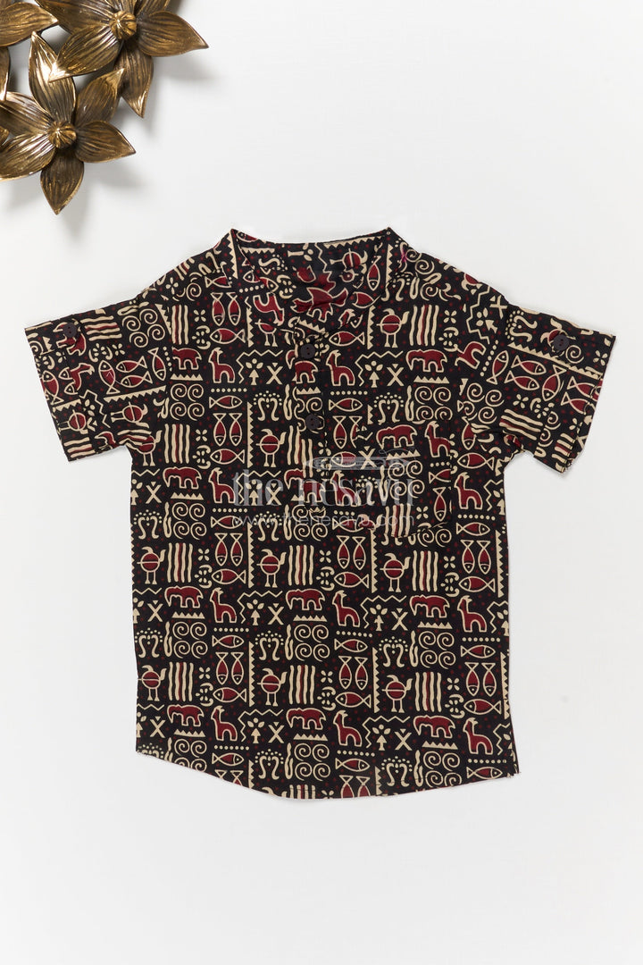 The Nesavu Boys Cotton Shirt Boys Casual Shirt with Ethnic Digital Print for Festive Dressing Nesavu 20 (3Y) / Black BS382B-20 Nesavu boys ethnic digital printed shirt – festive cotton wear for casual occasions