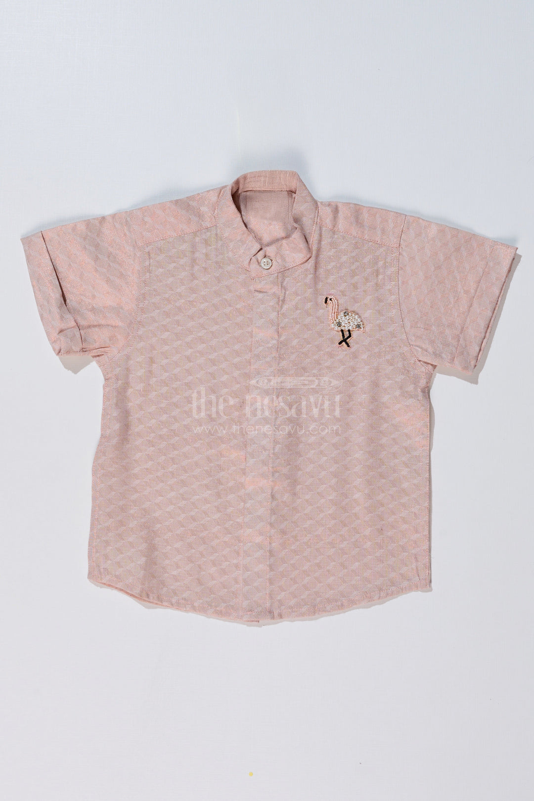 The Nesavu Boys Silk Shirt Boys Casual Silk Blend Shirt in Beige with Minimal Embroidery and Mandarin Collar Nesavu 16 (1Y) / Half white BS223AA-16 Nesavu Boys Beige Silk Blend Shirt Embroidered Flamingo Mandarin Collar