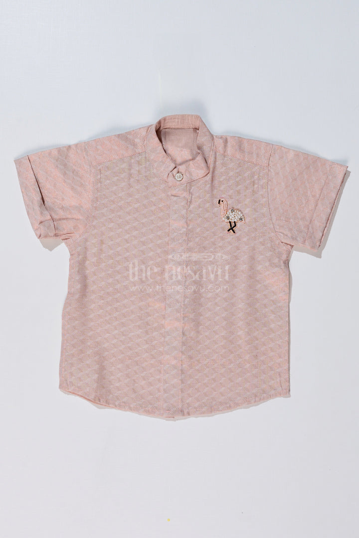 The Nesavu Boys Silk Shirt Boys Casual Silk Blend Shirt in Beige with Minimal Embroidery and Mandarin Collar Nesavu 16 (1Y) / Half white BS223AA-16 Nesavu Boys Beige Silk Blend Shirt Embroidered Flamingo Mandarin Collar