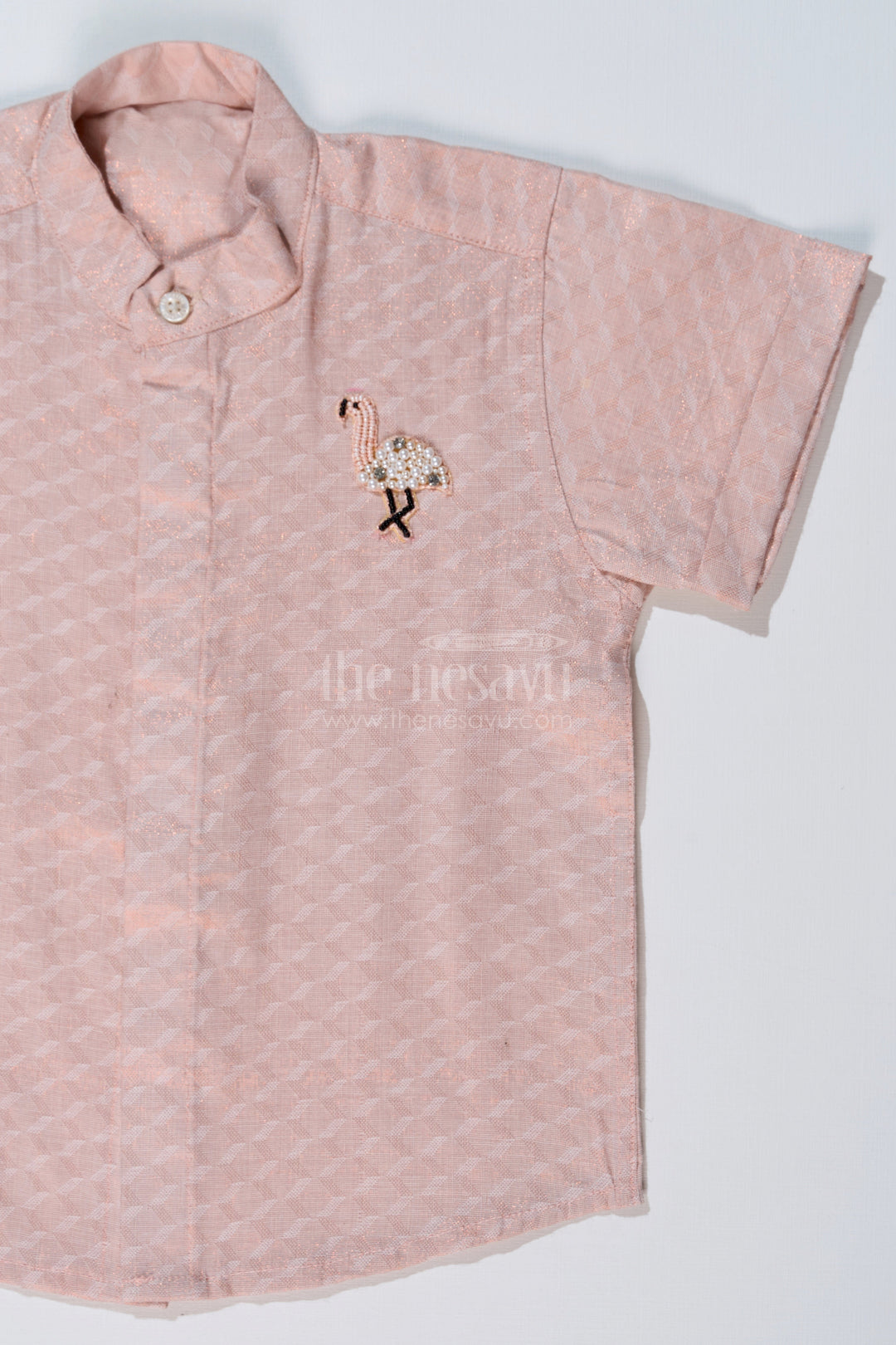 The Nesavu Boys Silk Shirt Boys Casual Silk Blend Shirt in Beige with Minimal Embroidery and Mandarin Collar Nesavu Nesavu Boys Beige Silk Blend Shirt Embroidered Flamingo Mandarin Collar