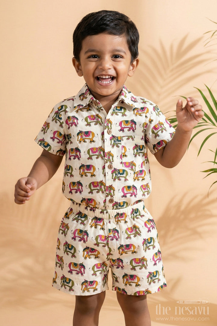 The Nesavu Boys Casual Set Boys Casual Two Piece Outfits in Cotton with Elephant Digital Print and Collared Shirt Nesavu 16 (1Y) / Multicolor BCS264A-16 Nesavu Boys Casual Two Piece Outfits Cotton Elephant Digital Print Shirt Shorts Set